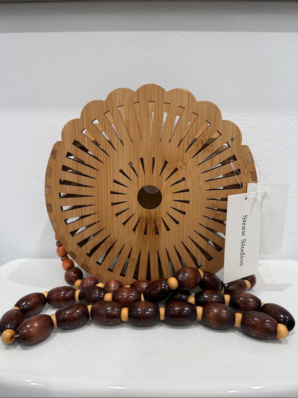 Straw Studios Round Bamboo Handbag with Dark Brown Beaded Strap